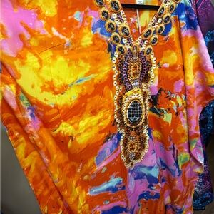 Vibrant Orange and Pink Kaftan with Beaded Detail